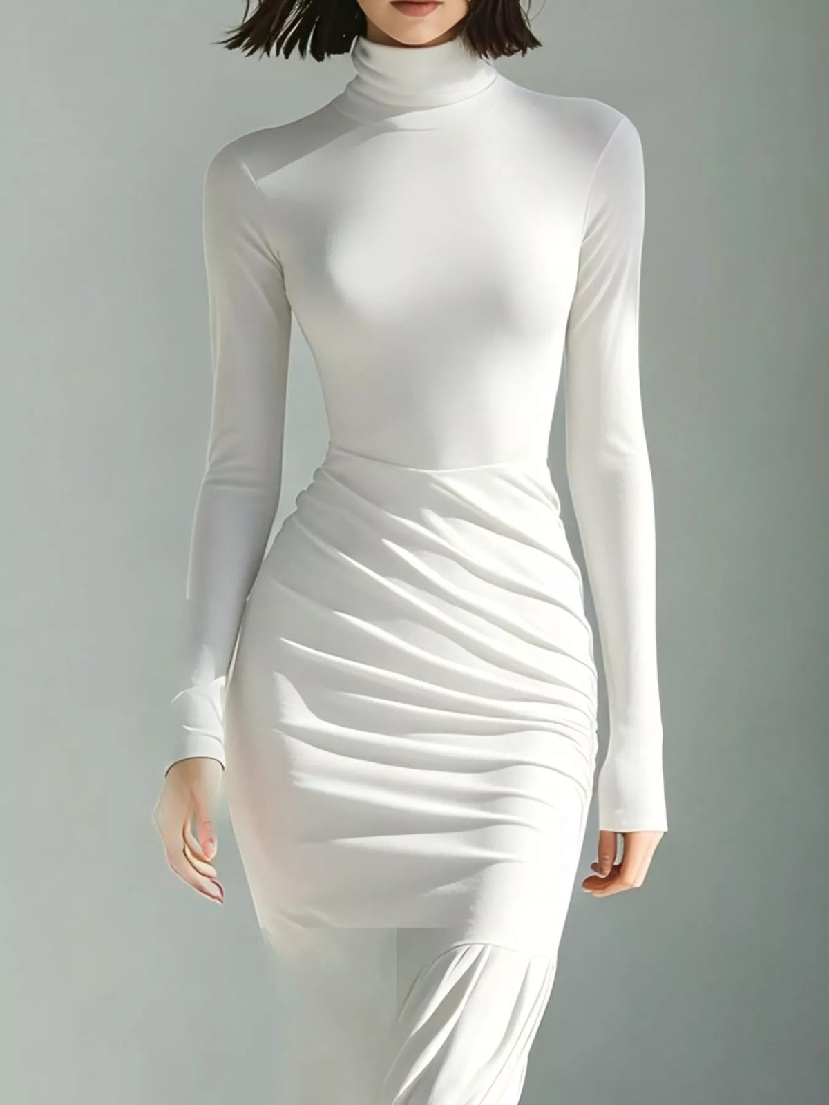 Full Size Slit Turtleneck Ruched Bodycon Mermaid Dress Plus Size - White - View 2
