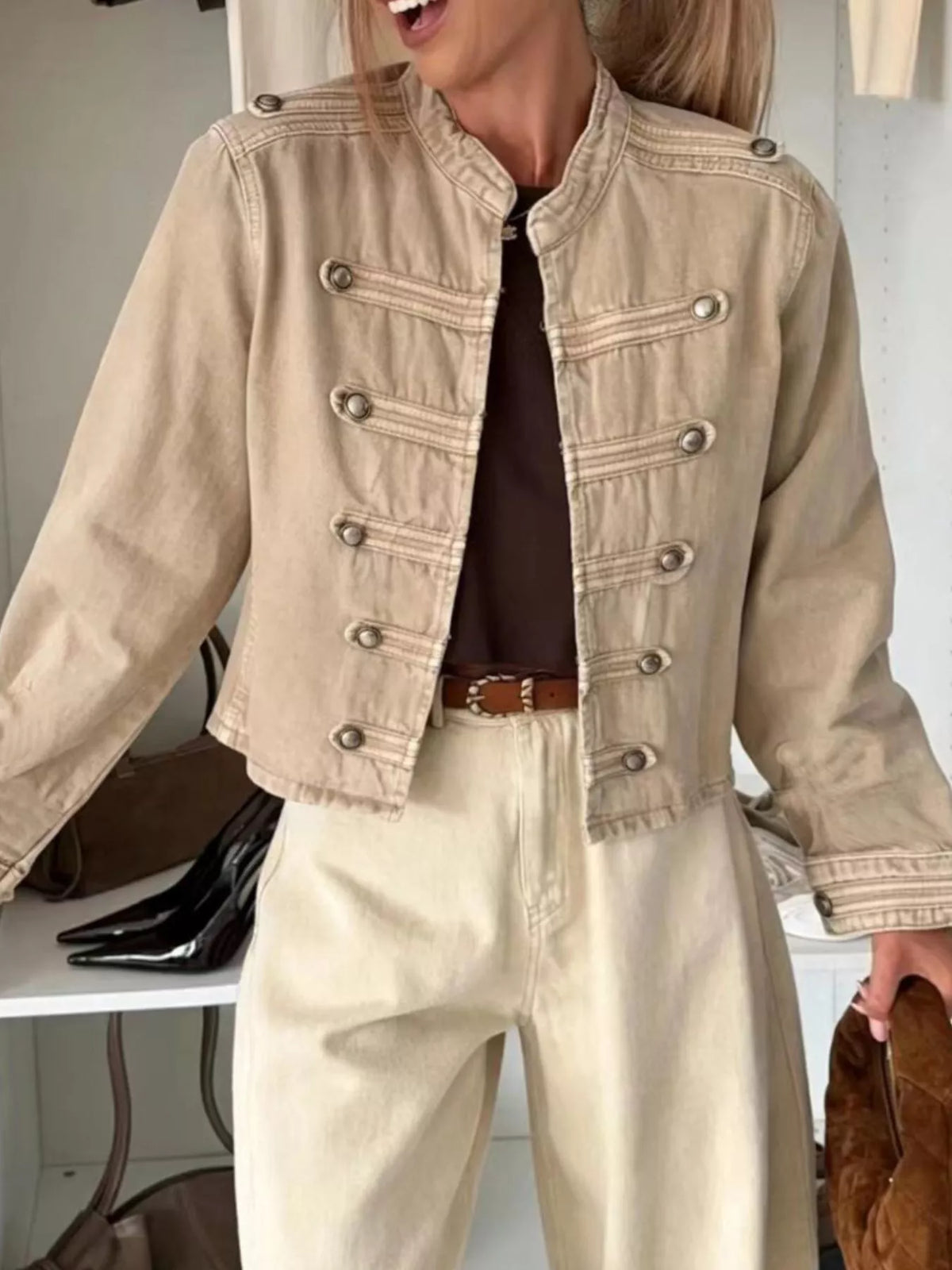 Decorative Button Cropped Denim Jacket - Khaki Color - View 2
