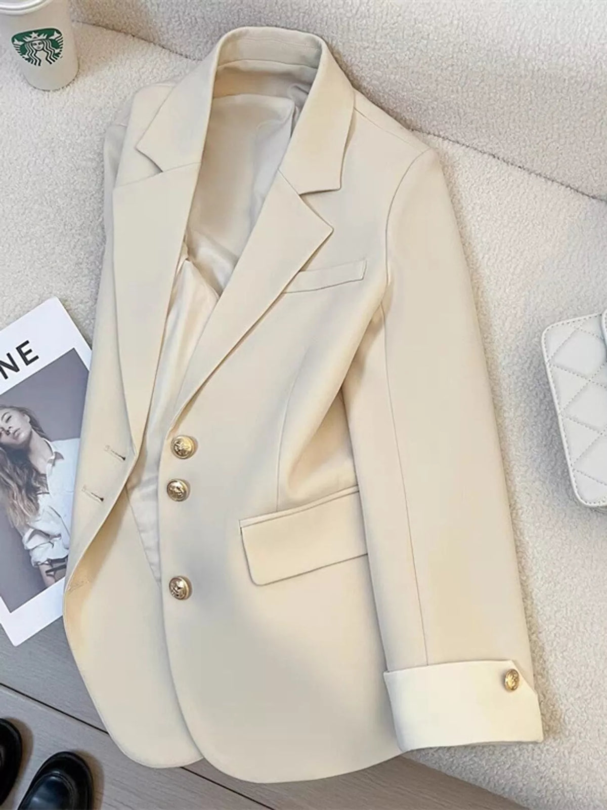 Full Size Single-Breasted Blazer with Gold Button Accents Plus Size - Ivory - View 1