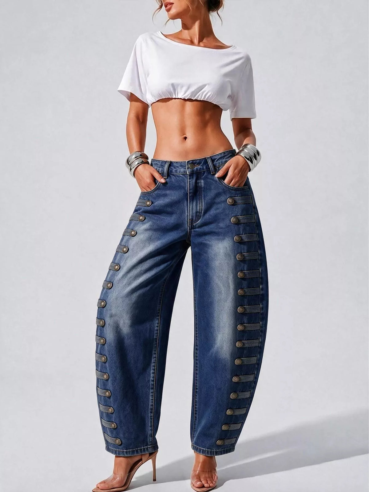 Decorative Button Wide Leg Jeans - Dark Blue - View 6