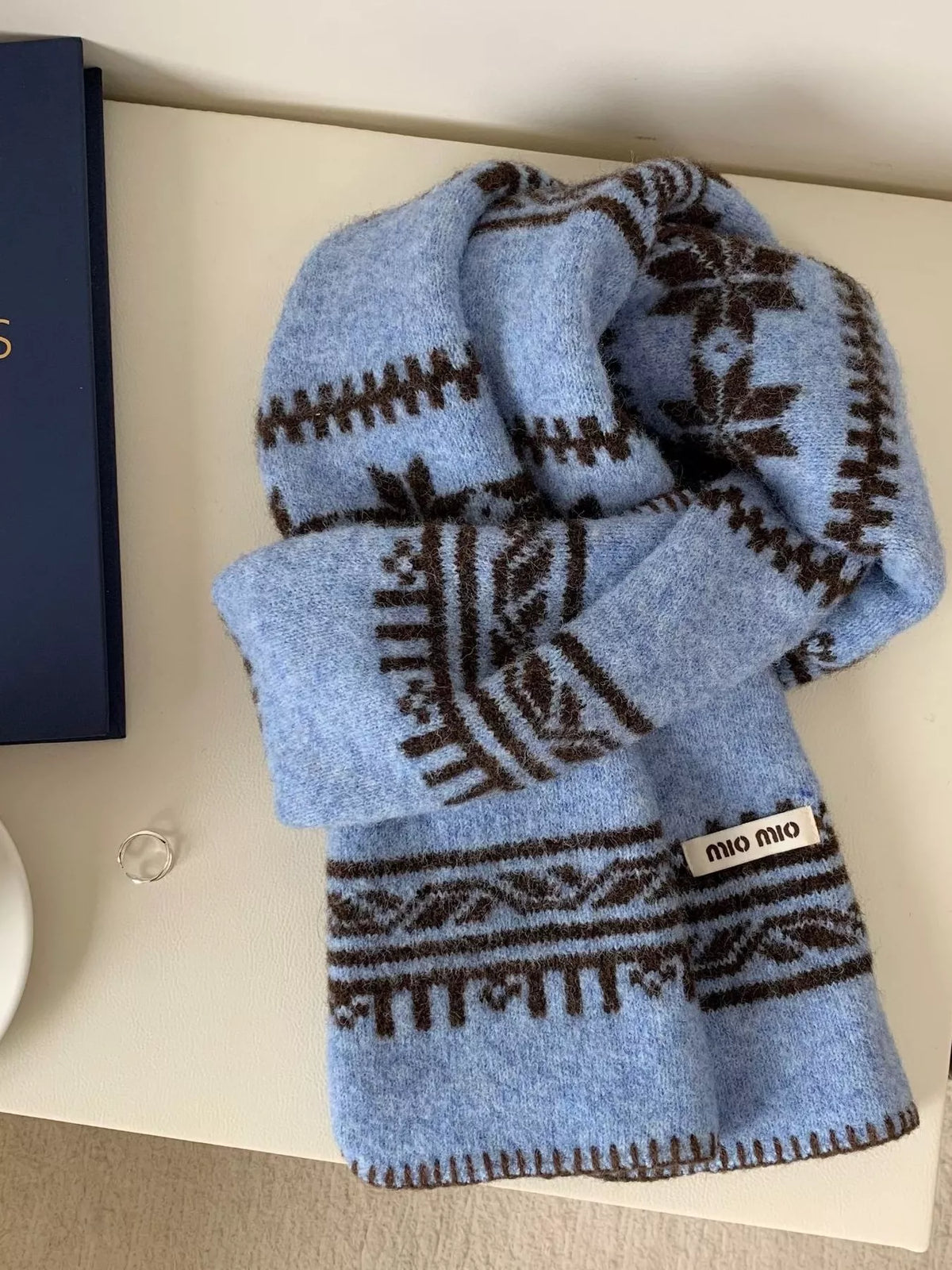 Vintage Pattern Knitted Scarf - Light Blue - View 1