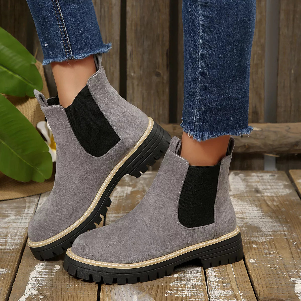 Round Toe Block Heels Boots - Gray - View 8