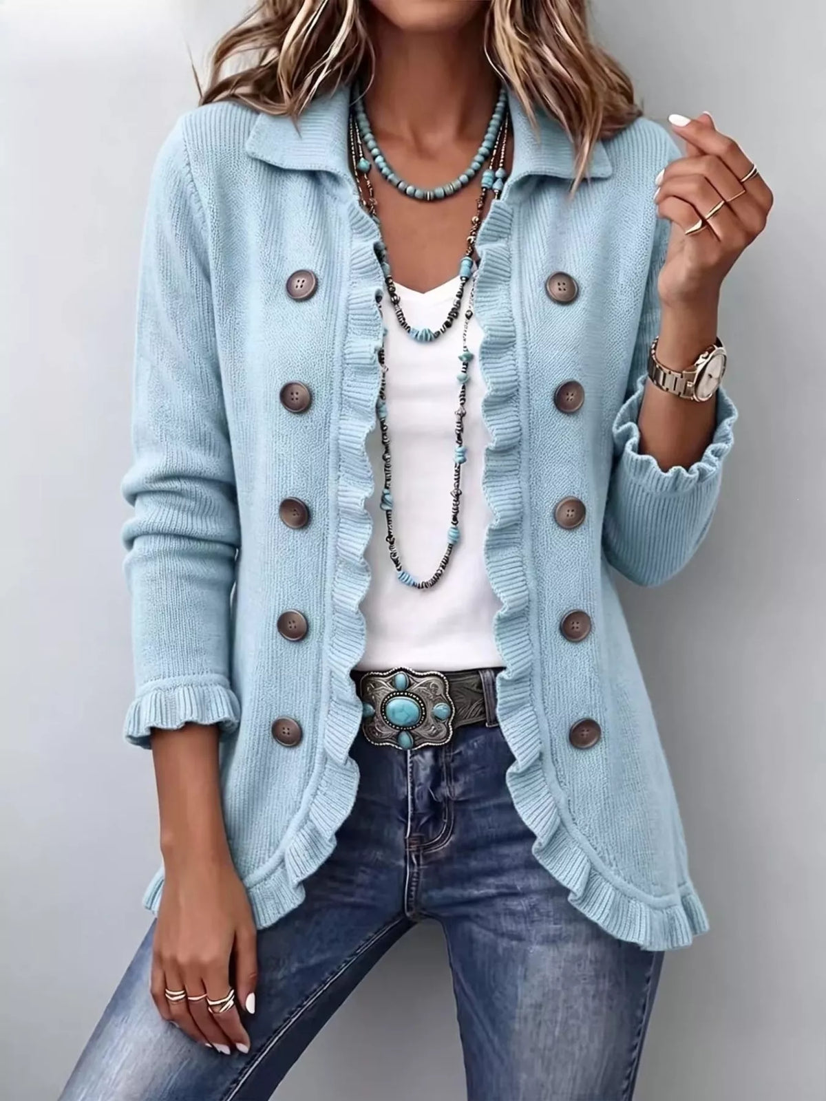 Full Size Ruffled Trim Decorative Button Cardigan Plus Size - Sky Blue - View 1