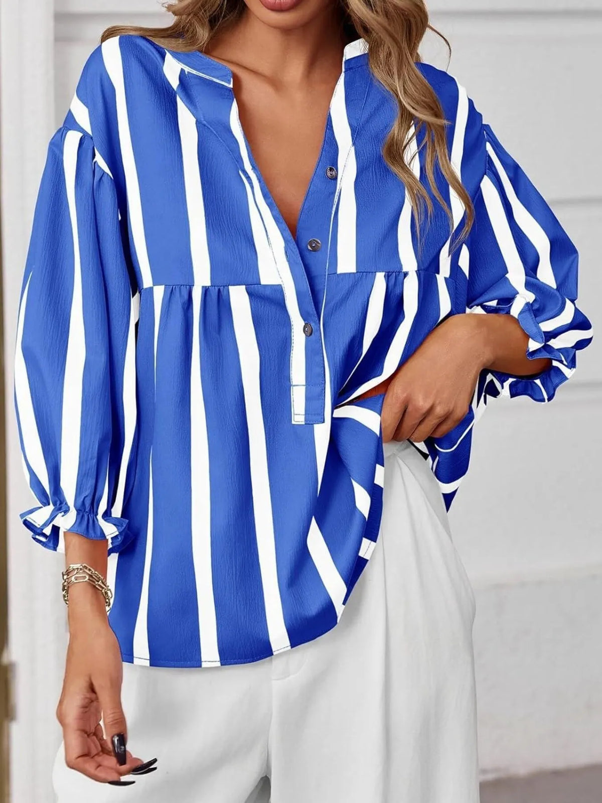 Striped Button Front Notched Blouse - Blue - View 5