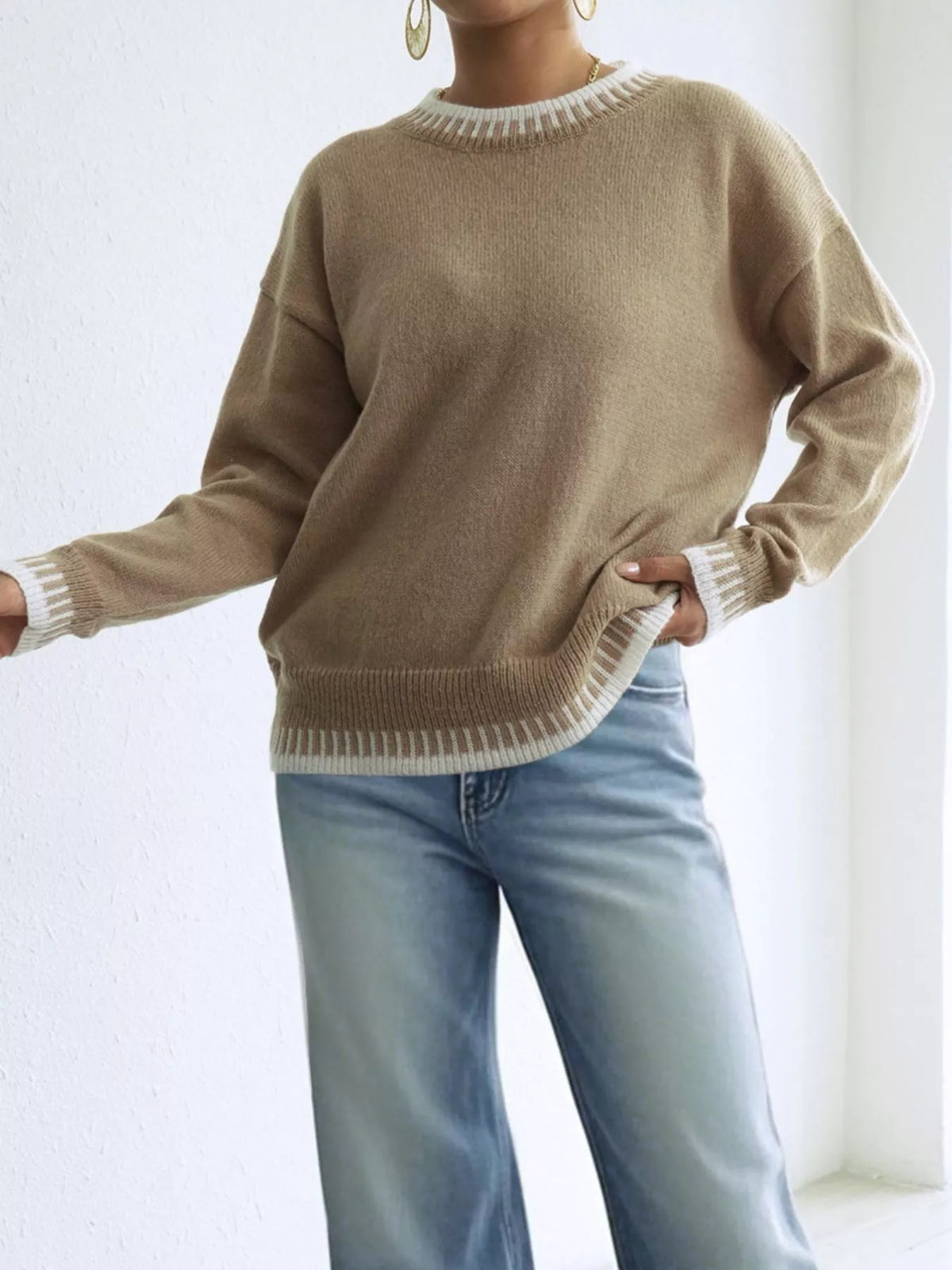 Contrast Trim Crew Neck Drop Shoulder Sweater - Camel - View 4