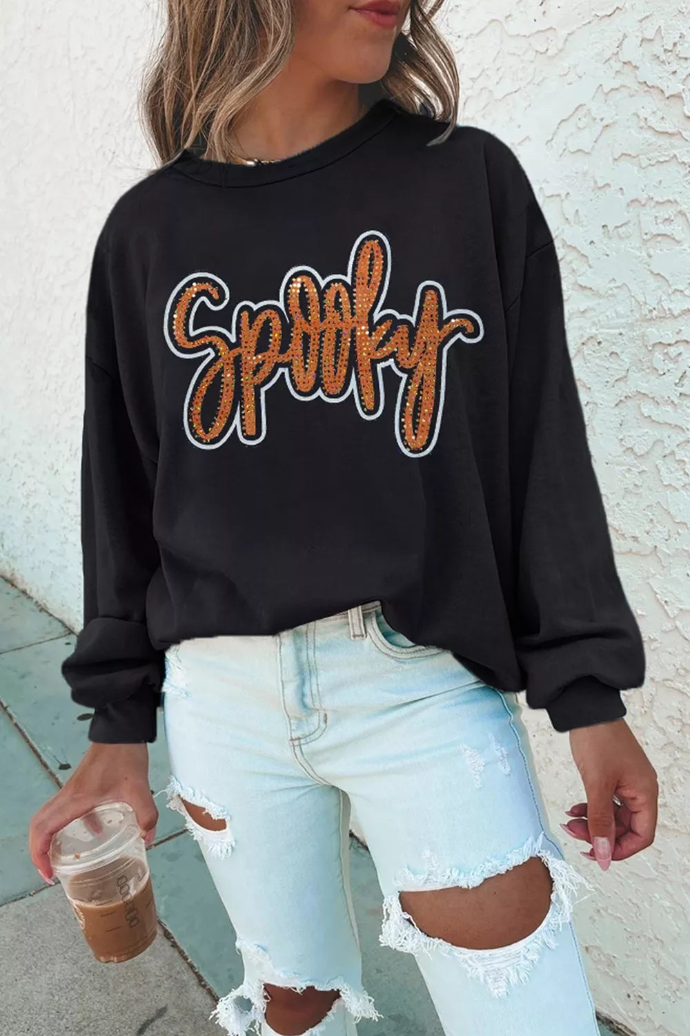 Spooky Rhinestone Drop Shoulder Sweatshirt - Black - View 2