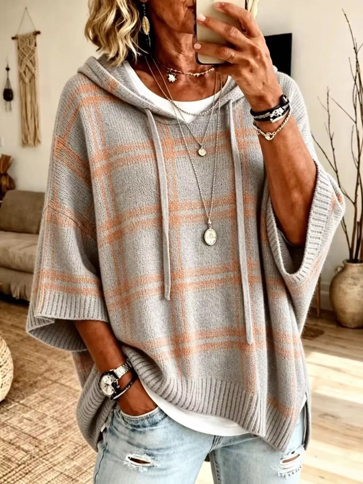 Full Size Drawstring Plaid Hooded Sweater Plus Size - Gray - View 1