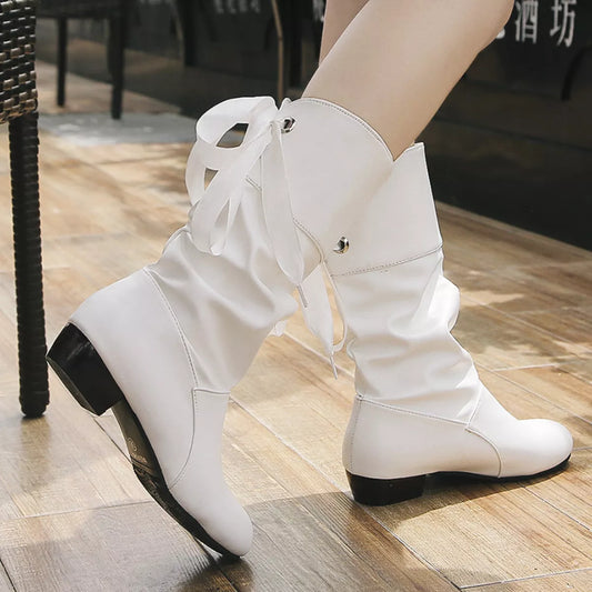 Round Toe Block Heels Boots - White - View 2