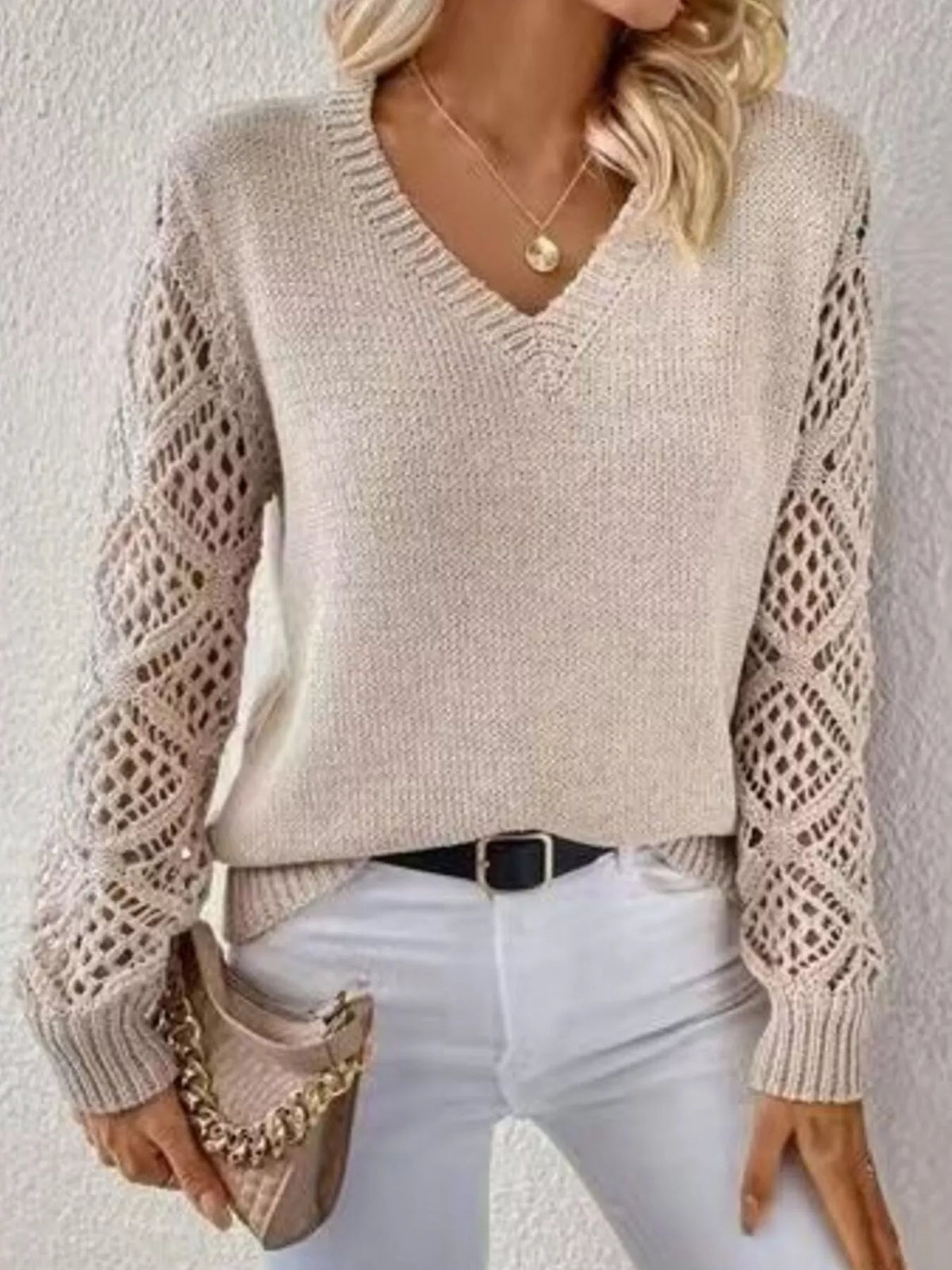V-Neck Hollow-Out Sleeve Knit Sweater - Apricot - View 2