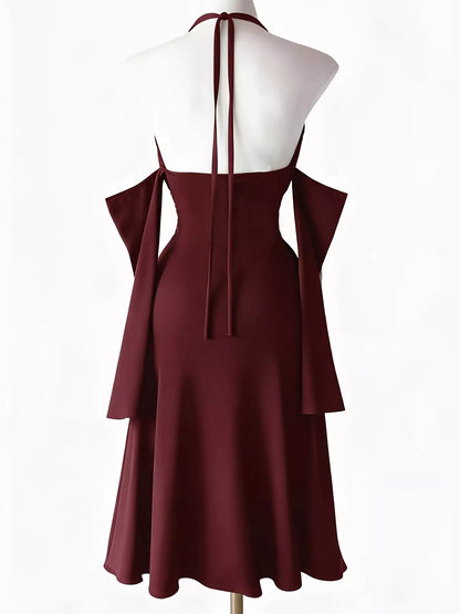 Halter Neck High-Slit Bodycon Dress - Wine Red - View 3