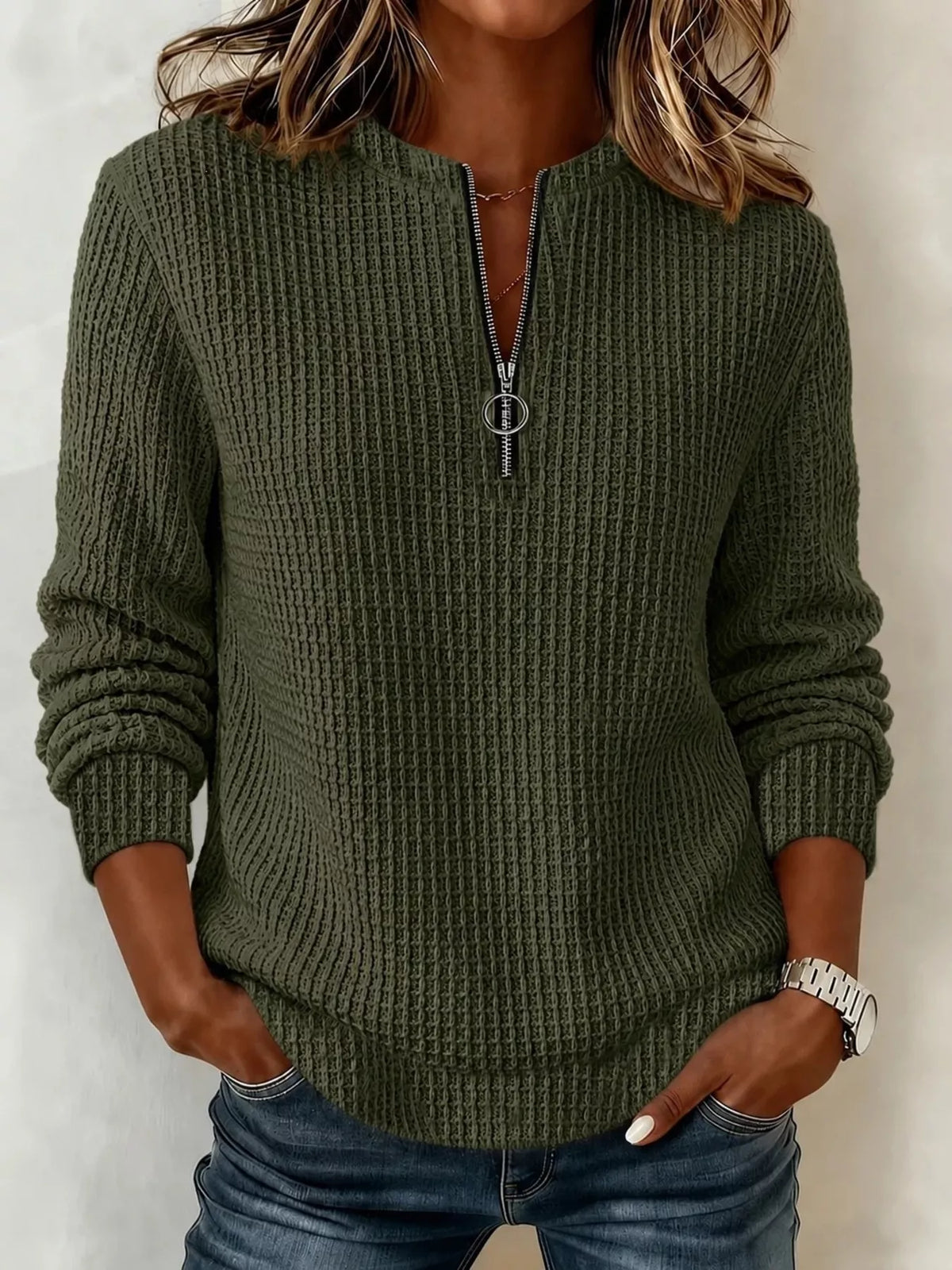 Full Size Quarter-Zip Textured Sweatshirt Plus Size - Army Green - View 3