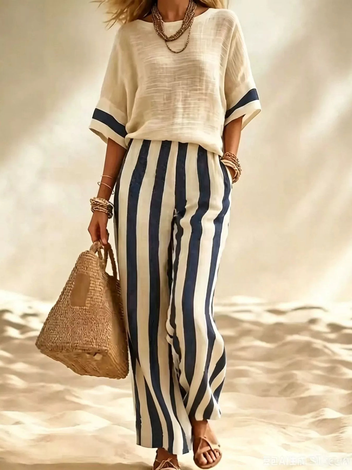 Full Size Striped Half Sleeve Top and Pants Set Plus Size - Dark Blue - View 1