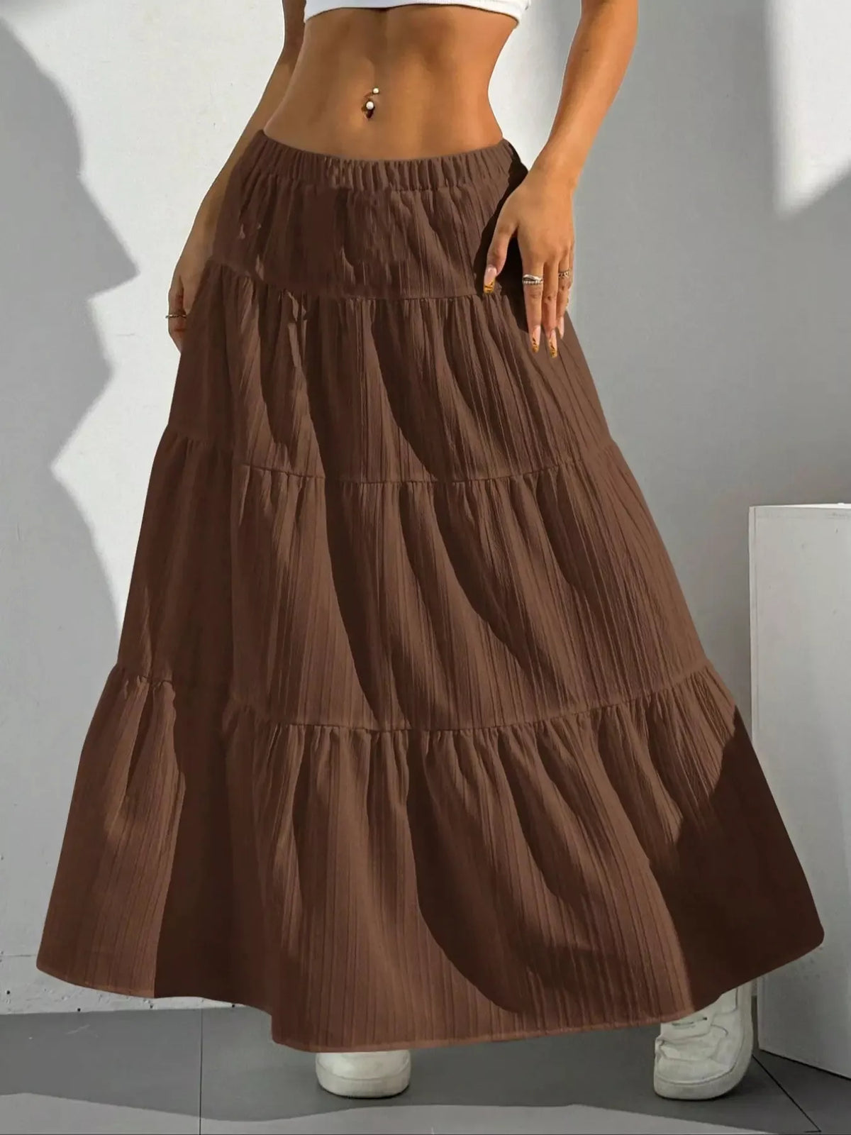 Flowy Tiered Maxi Skirt - Brown - View 12