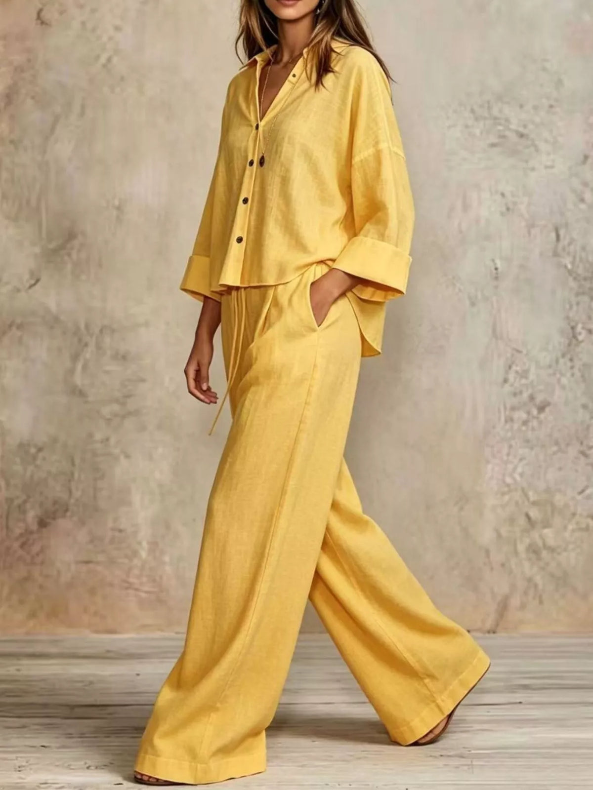 Full Size Button-Down Shirt and Wide-Leg Pants Set Plus Size - Yellow - View 7