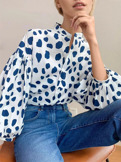 Printed Puff Sleeve Button-Down Shirt - Blue - View 4