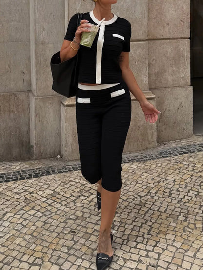Contrast Trim Short Sleeve Top and Capris Set - Black - View 4