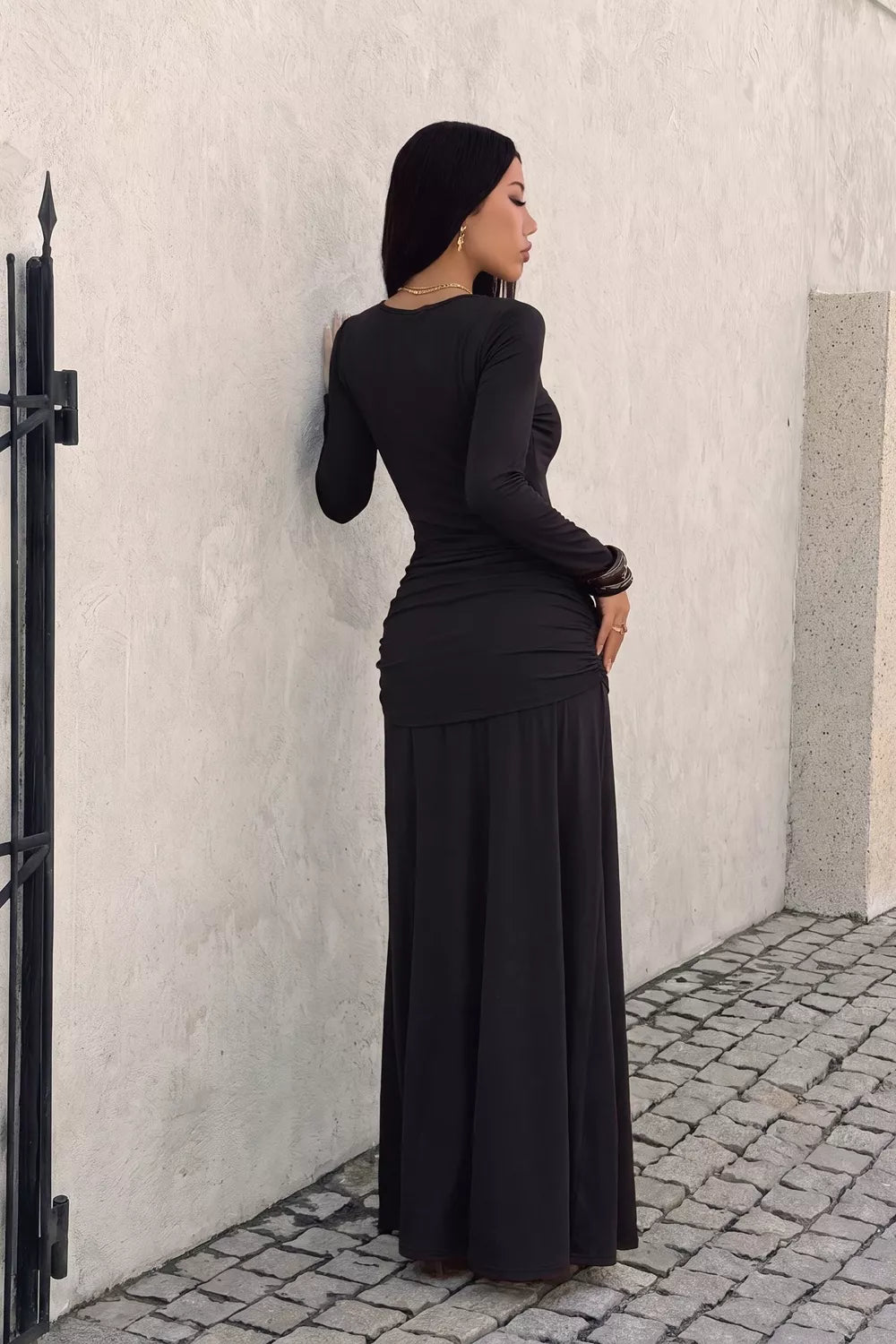 V-Neck Lace Trim Long Sleeve Tie-Waist Maxi Dress - Black - View 4