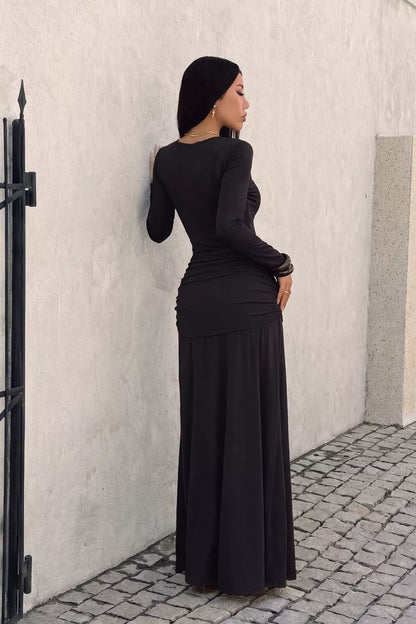 V-Neck Lace Trim Long Sleeve Tie-Waist Maxi Dress - Black - View 4