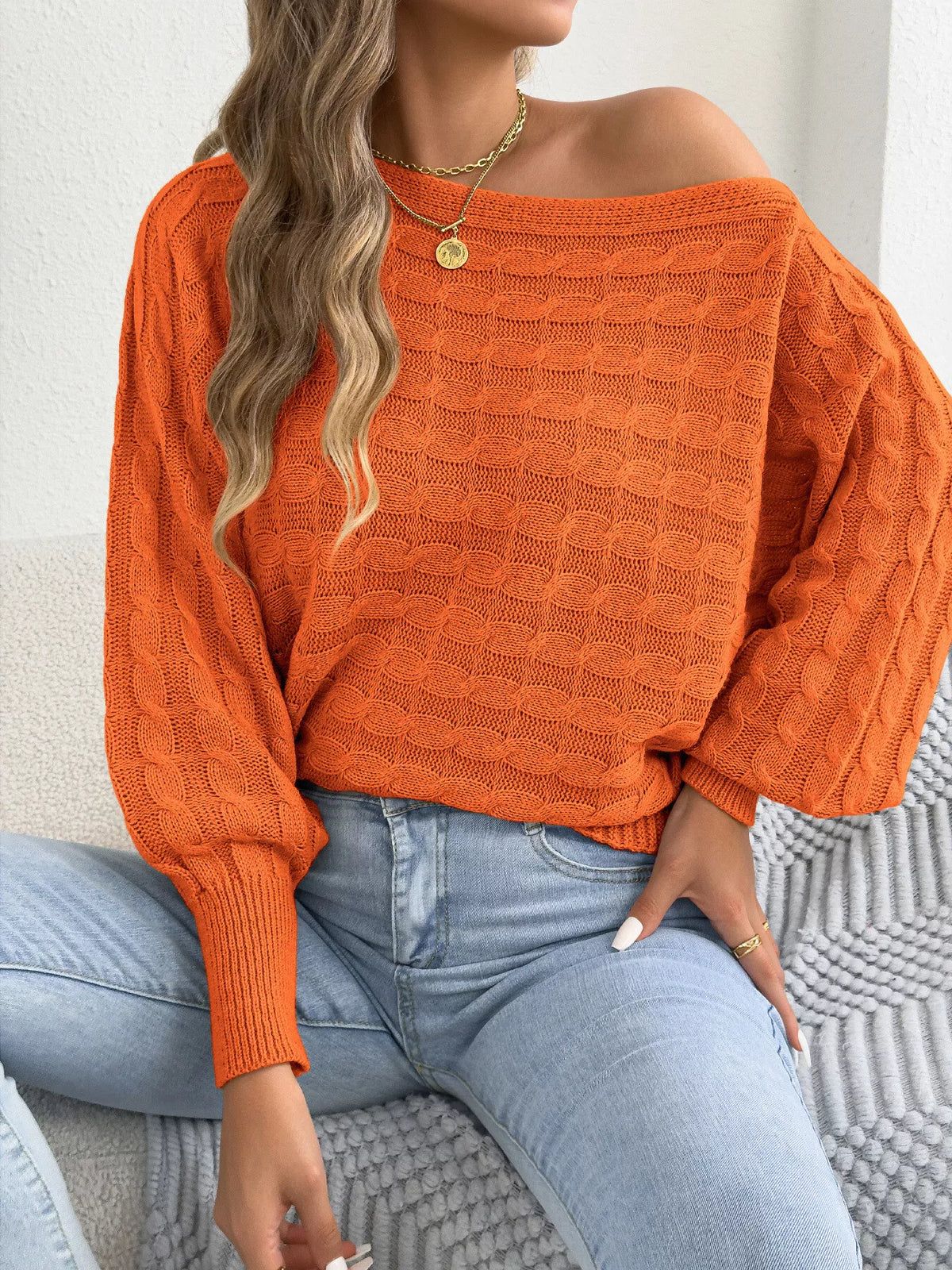 Cable Knit Boat Neck Sweater - Orange - View 1