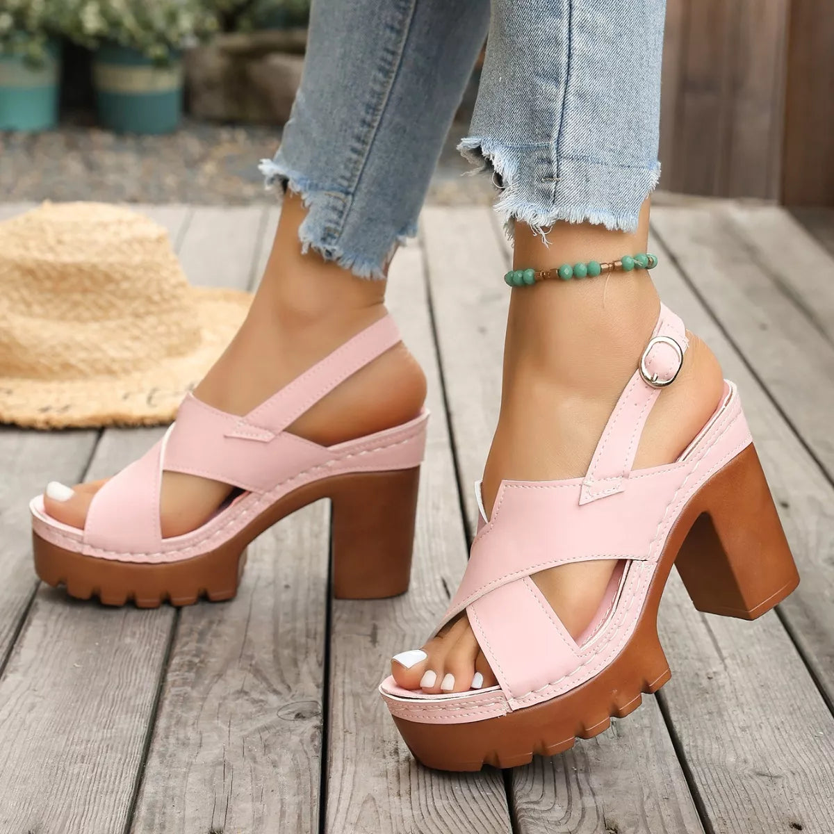 Open Toe Block Heels Sandals - Pink - View 3