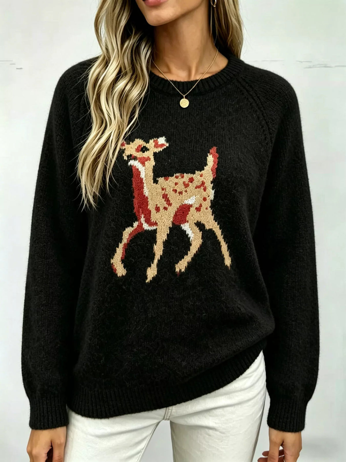 Deer Pattern Raglan Sleeve Sweater - Black - View 3
