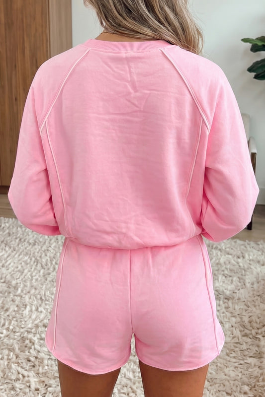 Pink Piped Pullover & Drawstring Shorts Set - Pink - 2