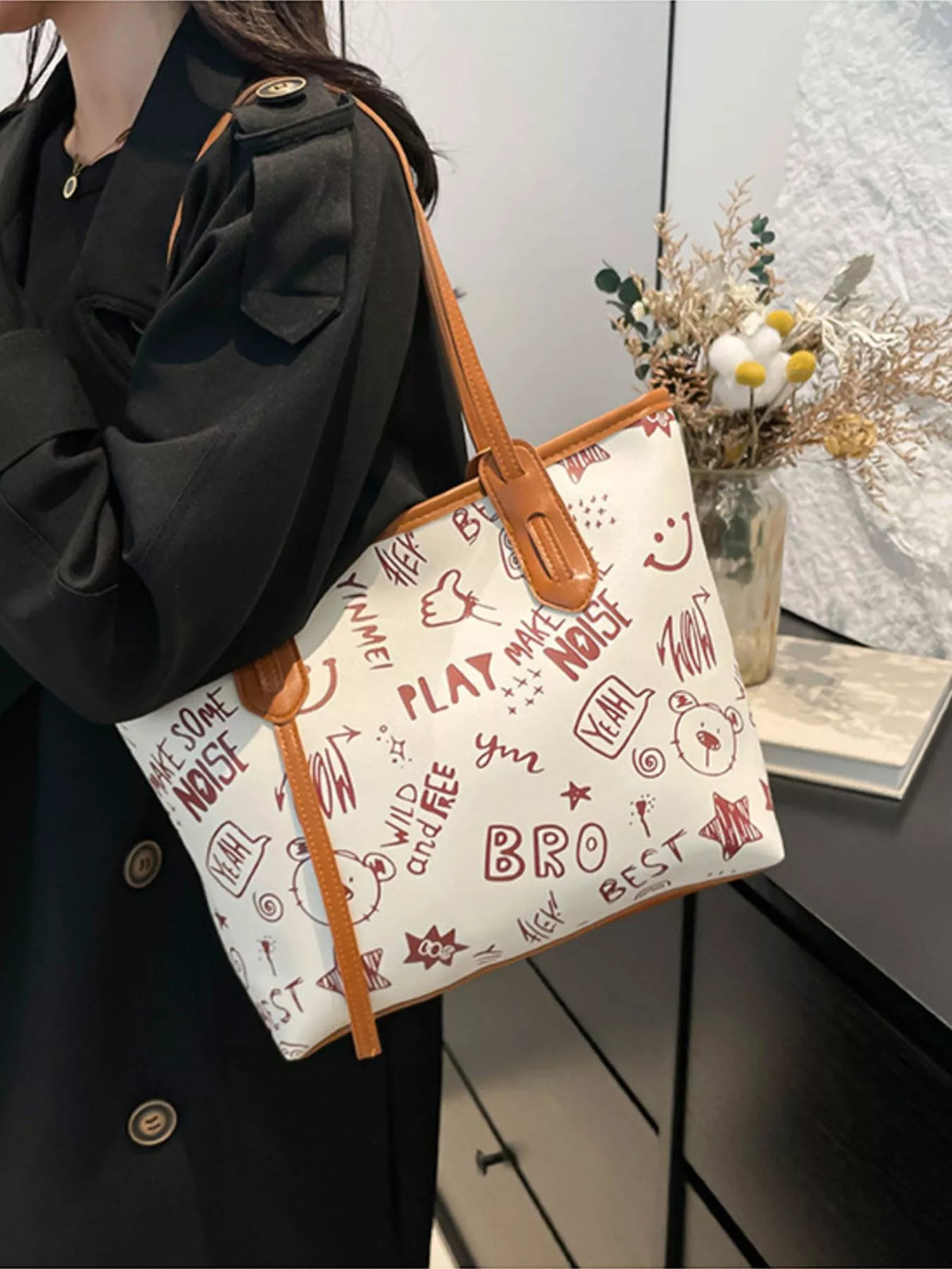 Graffiti Print Casual Tote Bag - Brown - View 21