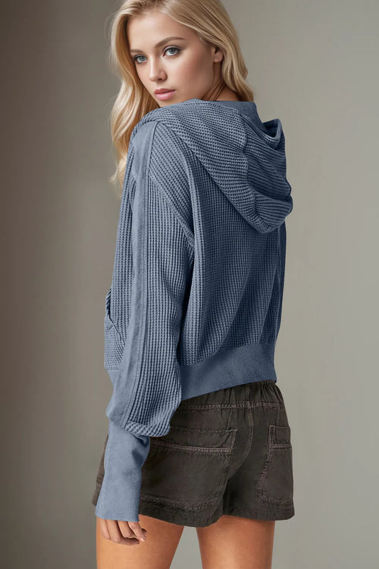 Waffle-Knit Zip Up Long Sleeve Hooded Jacket - Dusty Blue - View 2