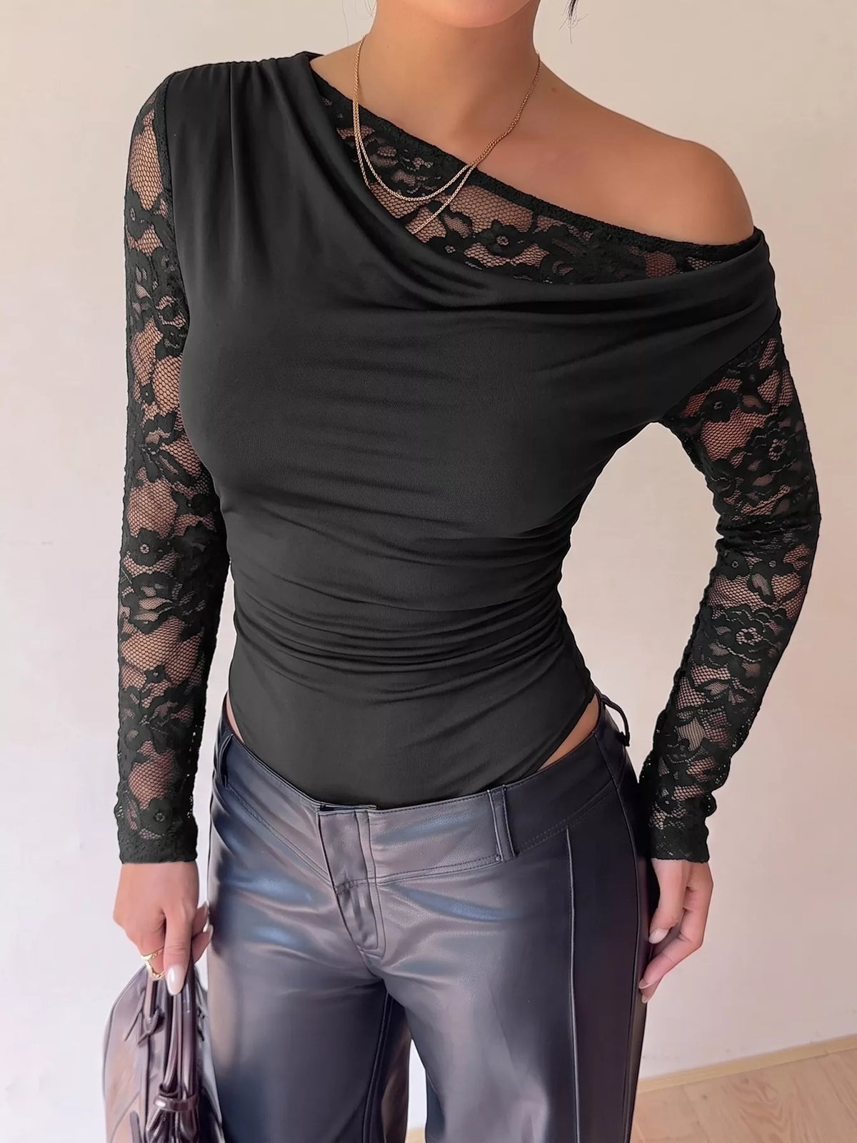 Lace Sleeve Slim-Fit Bodysuit - Black - View 1