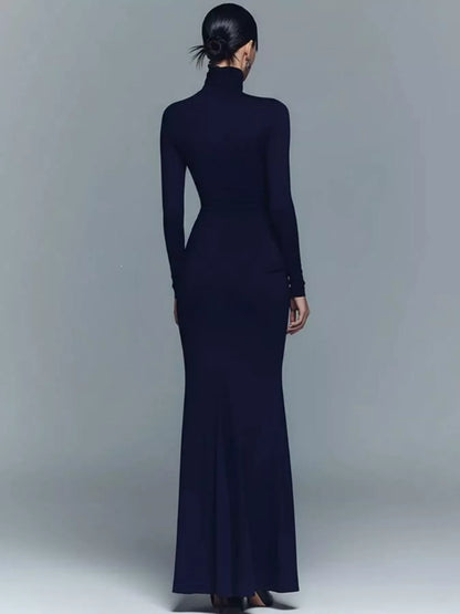 Turtleneck Long-Sleeve Ruched Maxi Dress - Dark Blue - View 3