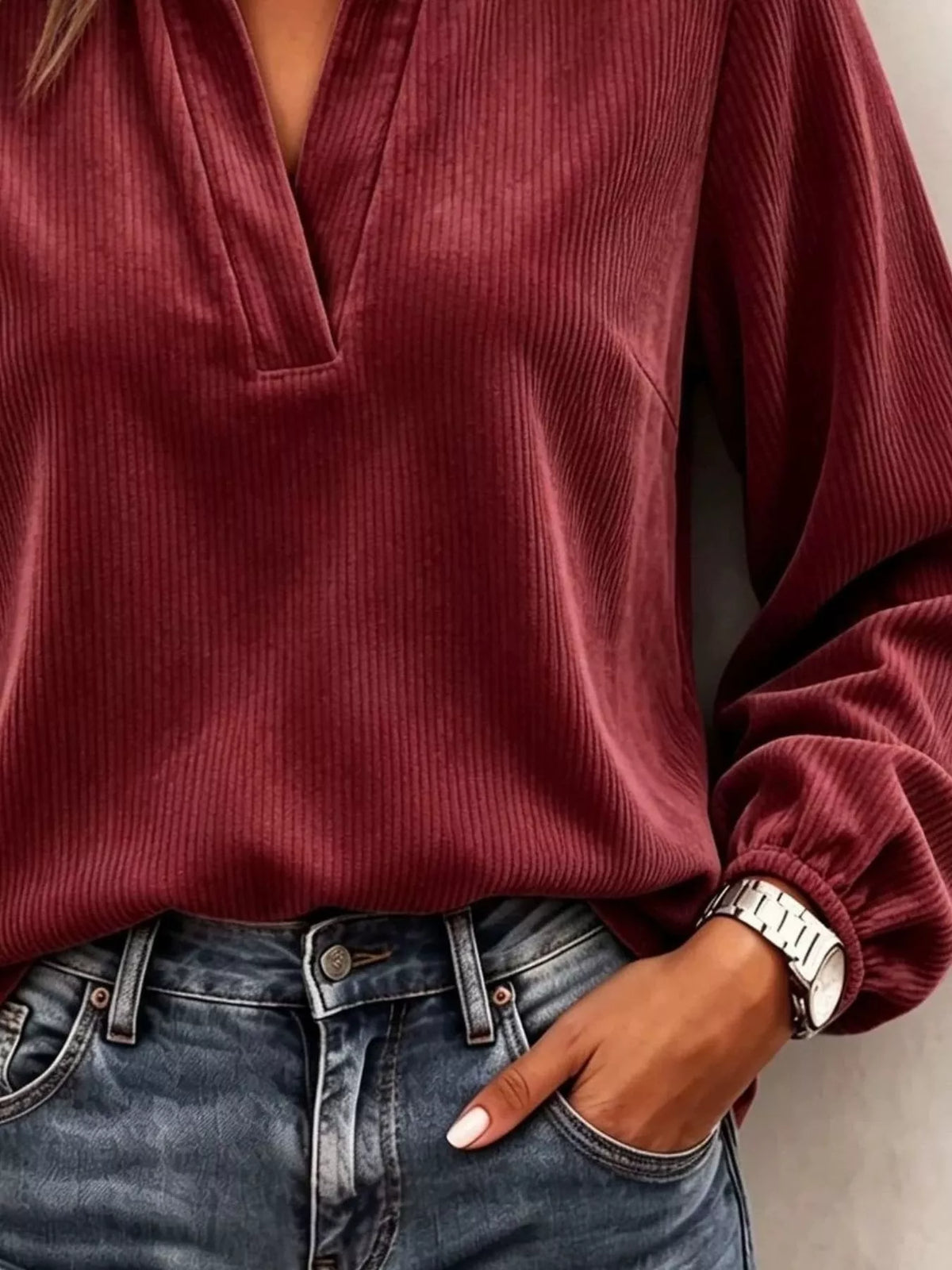 Full Size Corduroy Notched Long Sleeve Top Plus Size - Burgundy - View 3