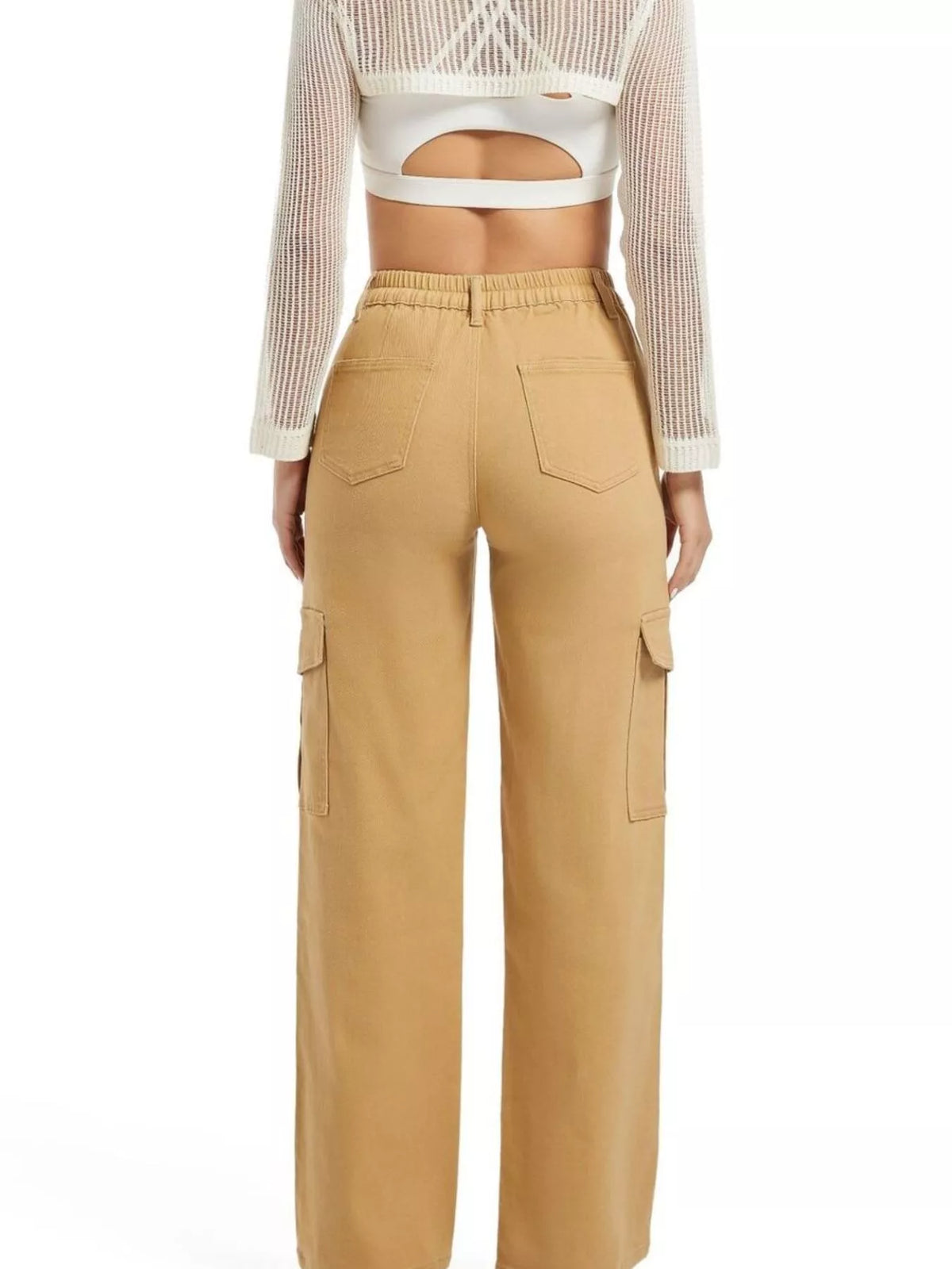 High-Waisted Cargo Jeans - Khaki - View 6