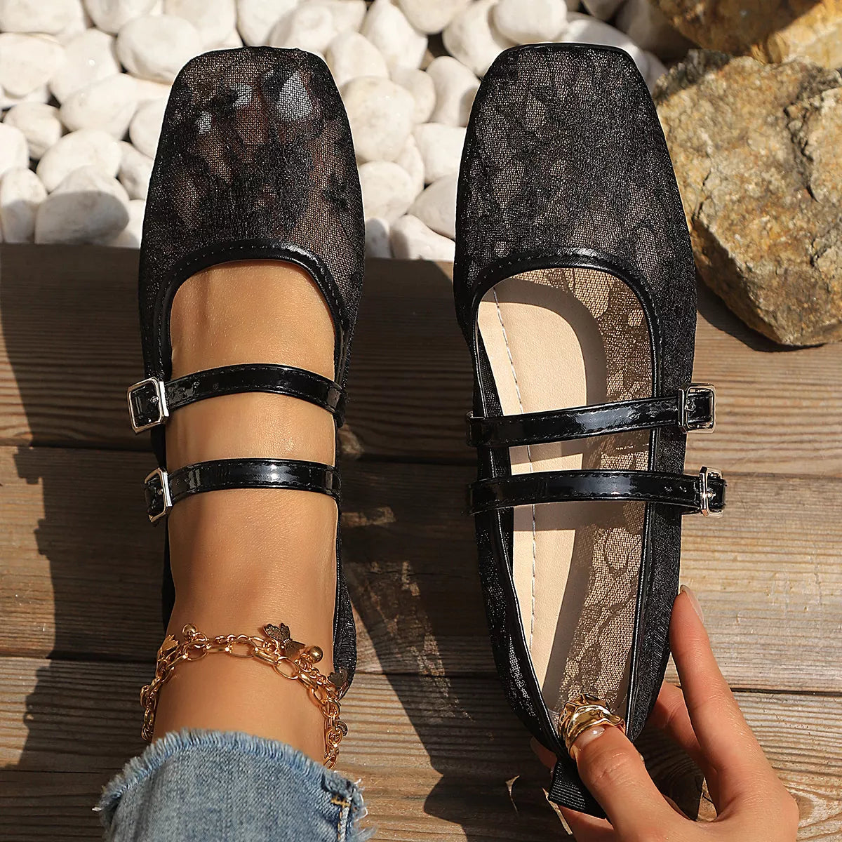 Square Toe Lace Slip-Ons - Black - View 1
