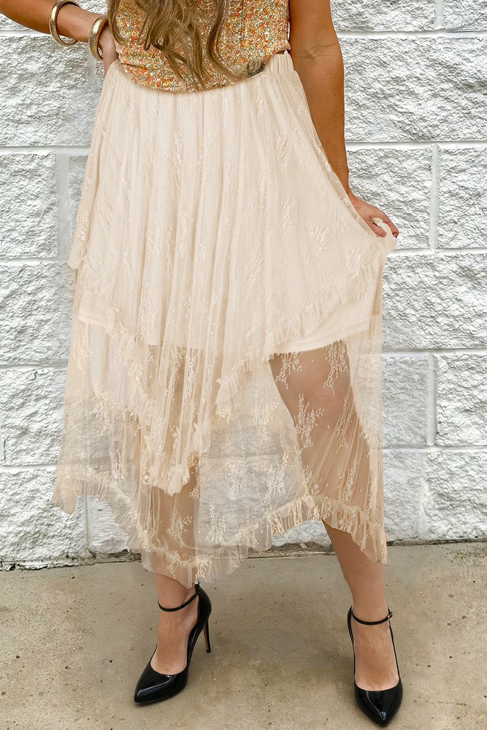 Black Lace Cascading Tiered High Waist Maxi Skirt