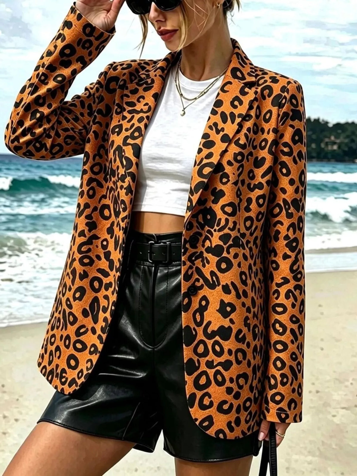 Leopard Print Long Sleeve Blazer - Leopard - View 1