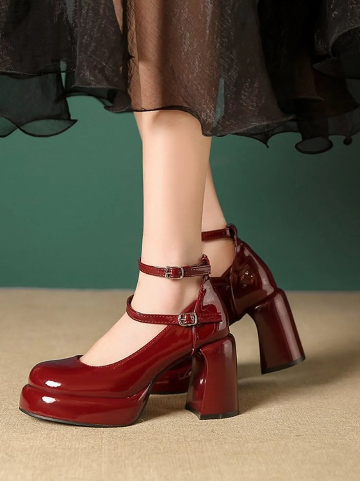 Patent Leather Mary Jane Platform Pumps - Burgundy - View 12