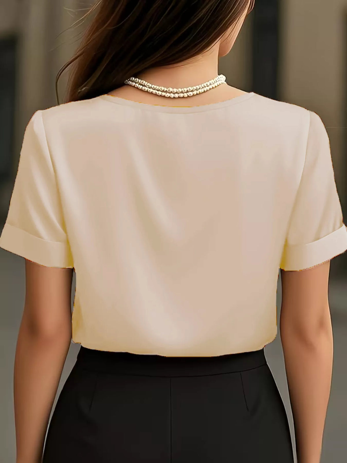 V-Neck Short Sleeve Satin Blouse - Apricot - View 2