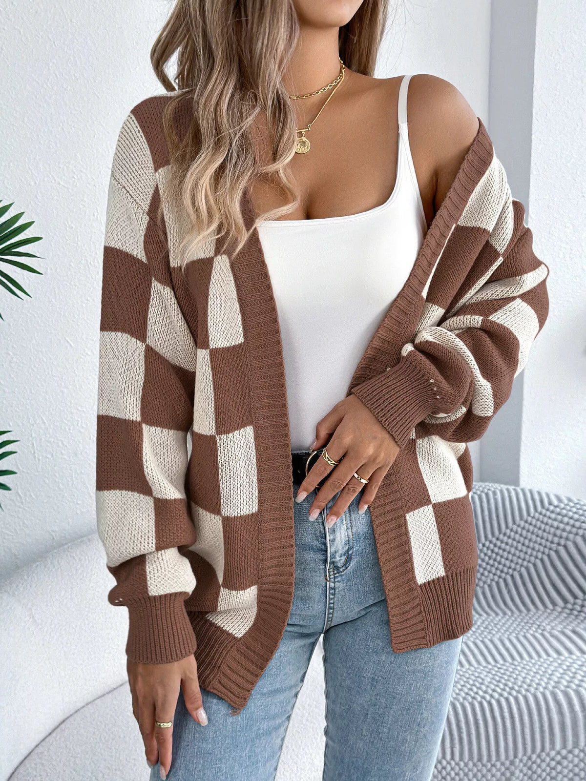 Checkerboard Pattern Open Front Knit Cardigan - Taupe - View 1