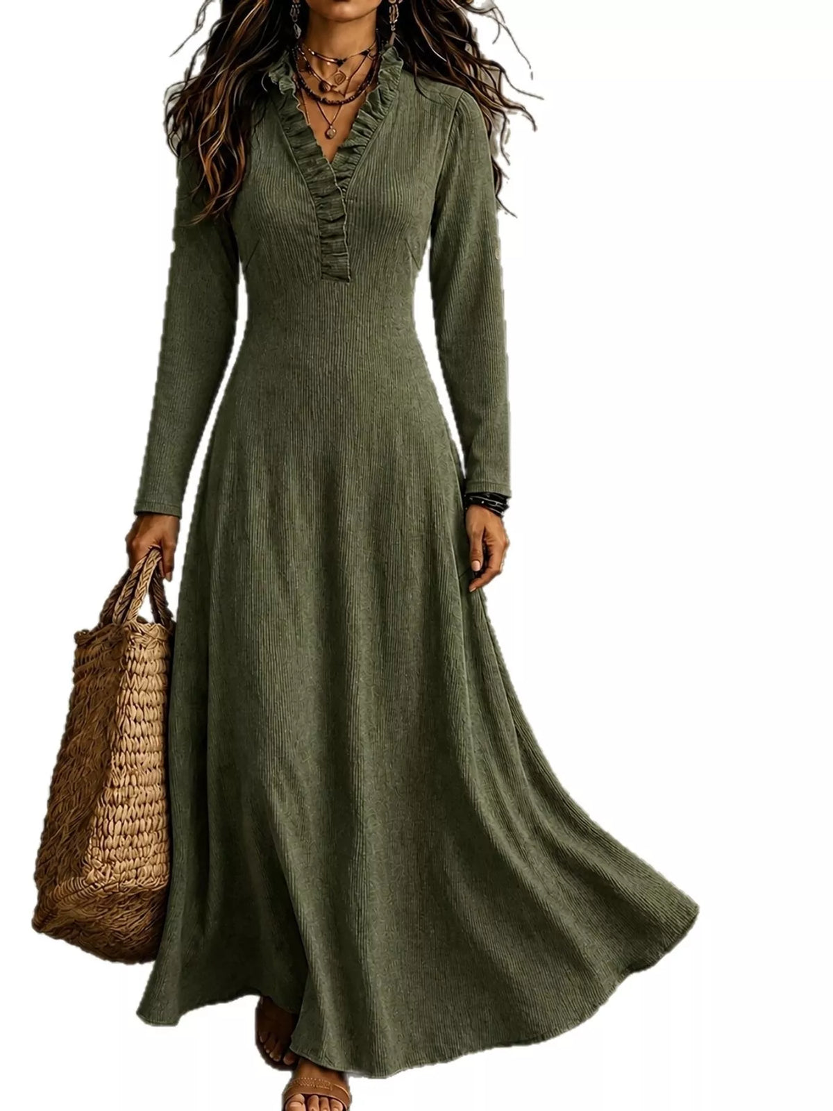 Full Size Frill Roll-Up Sleeve Maxi Dress Plus Size - Green - View 20