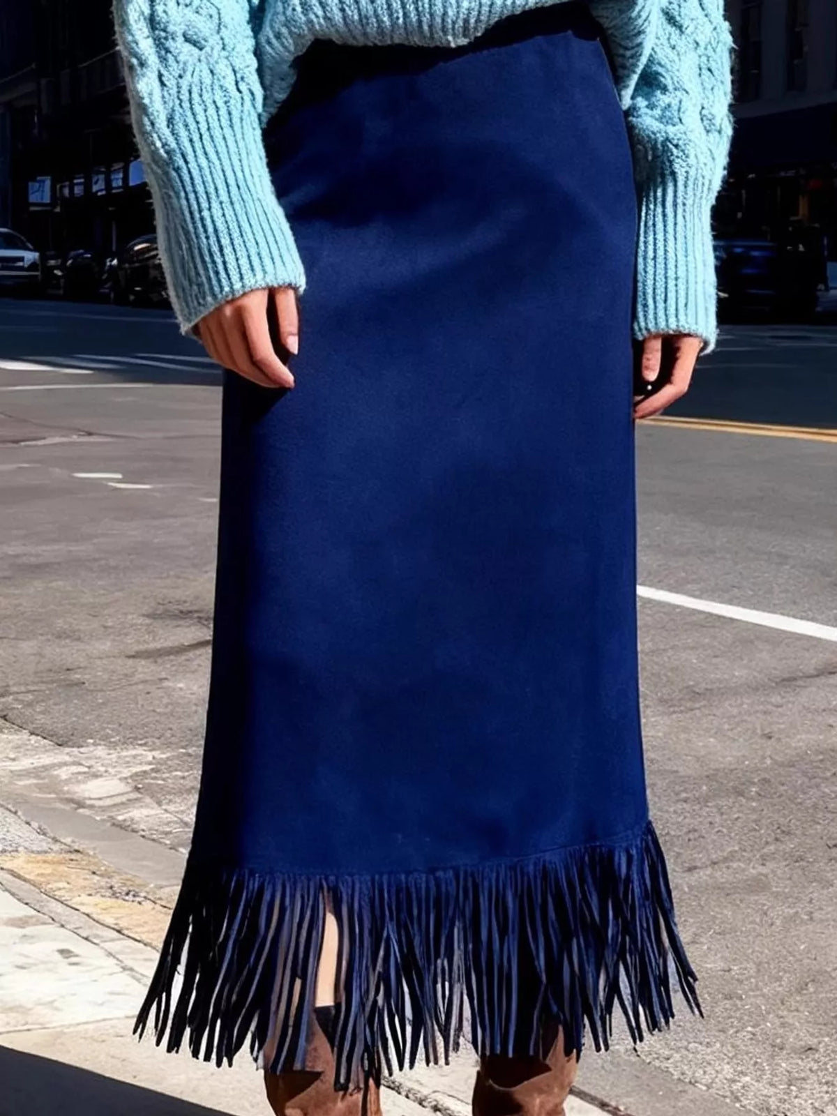 High-Waisted Fringe Midi Skirt - Dark Blue - View 20