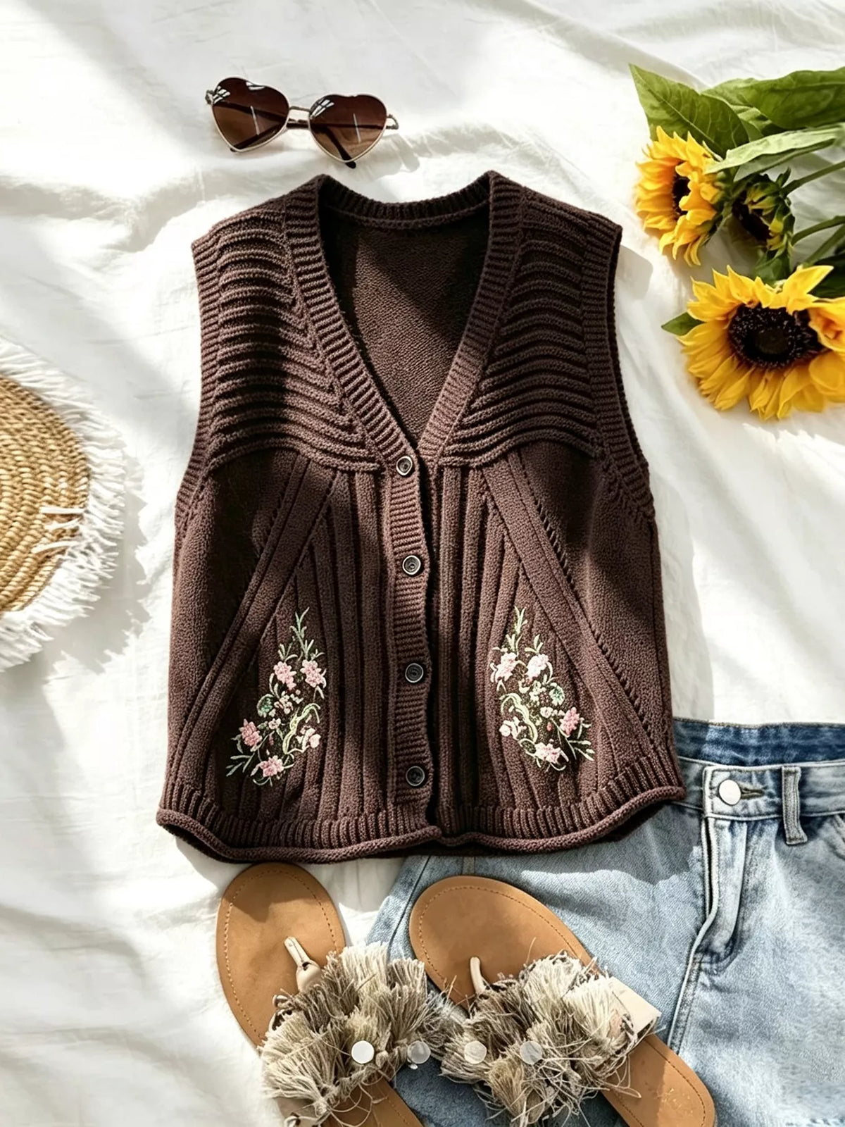 Floral Embroidered V-Neck Button-Down Sweater Vest - Dark Brown - View 2