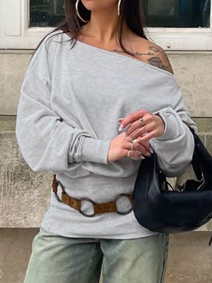 One Shoulder Long Sleeve Casual T-Shirt - Light Gray - View 3