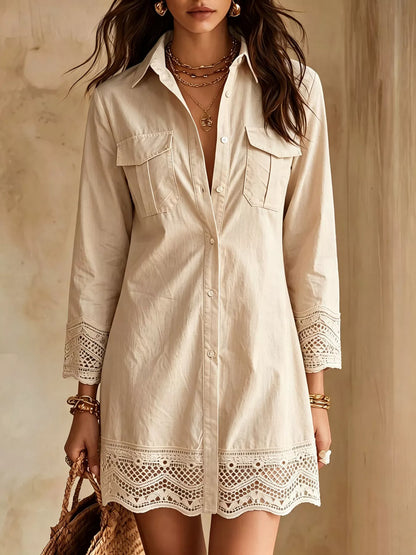 Button-Down Shirt Dress with Lace Trim - Apricot - View 1