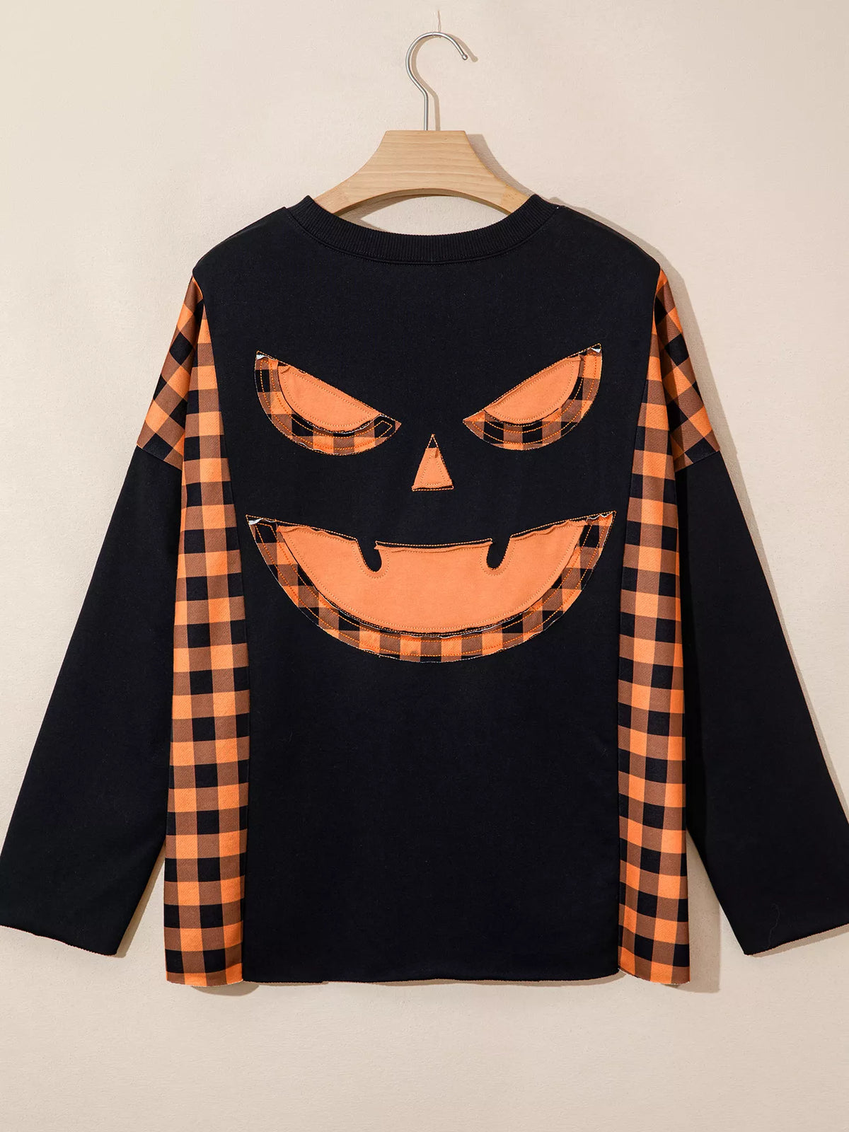 Patchwork Plaid Pumpkin Face Long Sleeve Top - Black - View 6