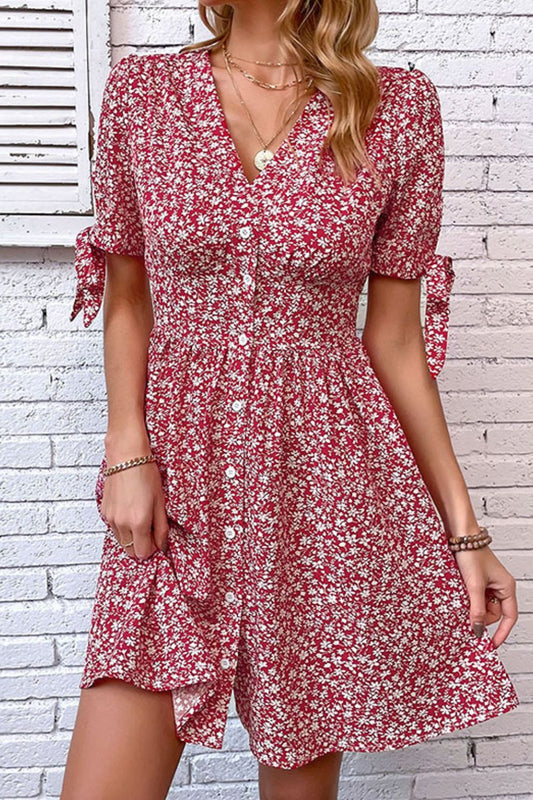 Perfee Ditsy Floral Tied Puff Sleeve Button Front Dress - Deep Red - View 1
