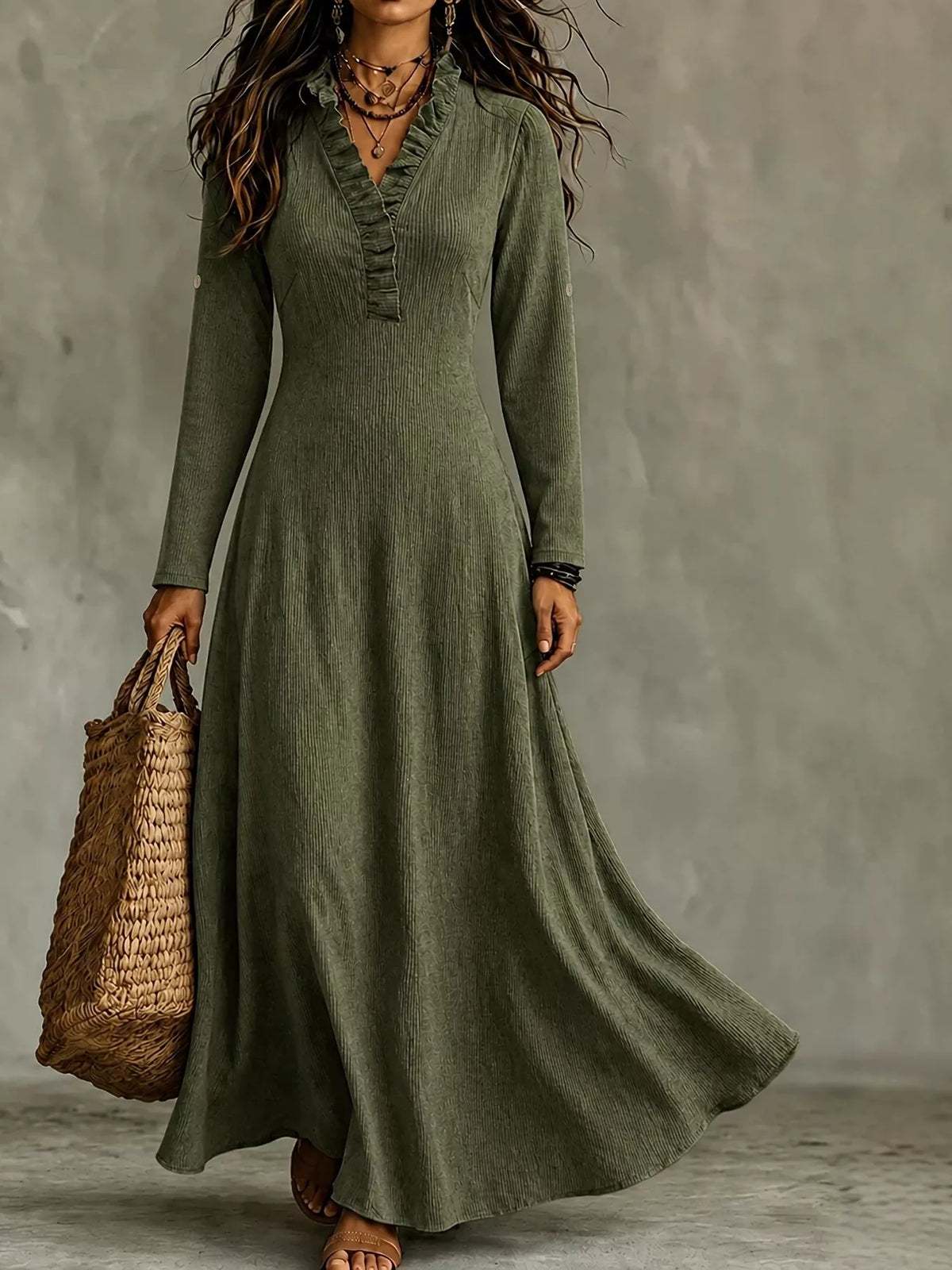 Full Size Frill Roll-Up Sleeve Maxi Dress Plus Size - Green - View 19