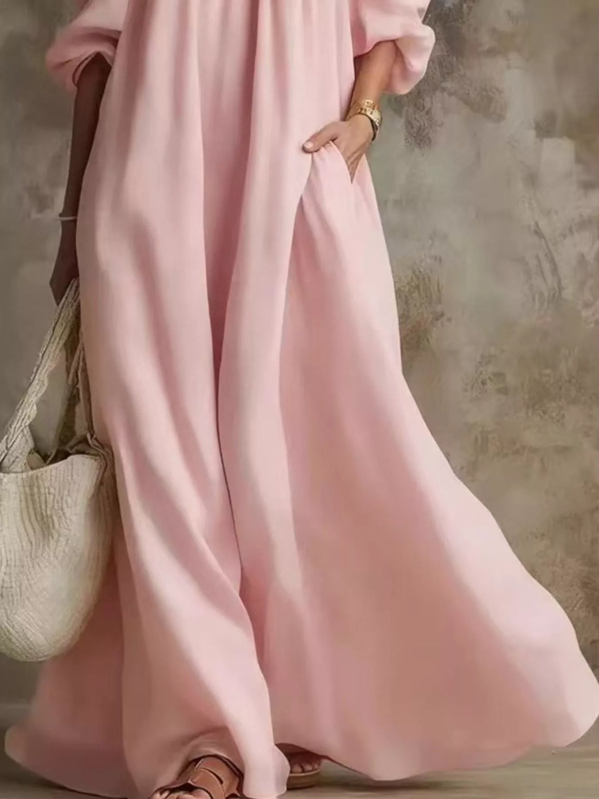Full Size Cold-Shoulder Linen Maxi Dress Plus Size - Dusty Pink - View 3