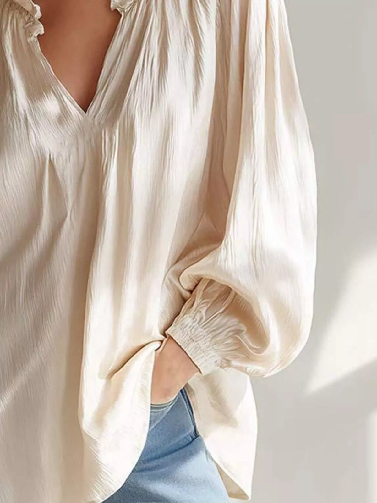Ruffle Trim Long Sleeves Blouse - Beige - View 3