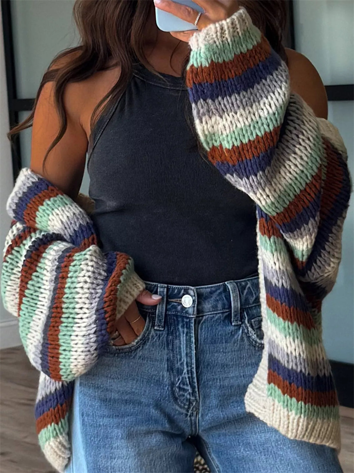 Multi-Color Striped Chunky Knit Open-Front Cardigan - Chocolate - View 2