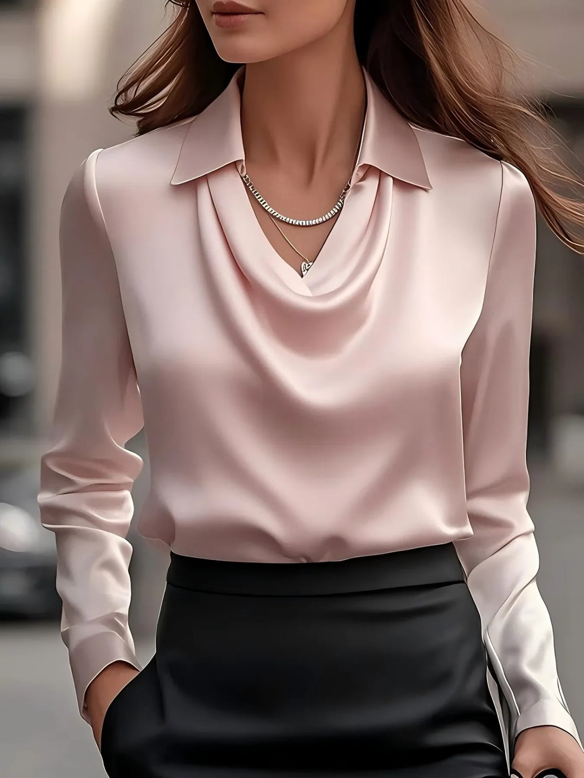 Satin Collar Long Sleeve Blouse - Blush Pink - View 1